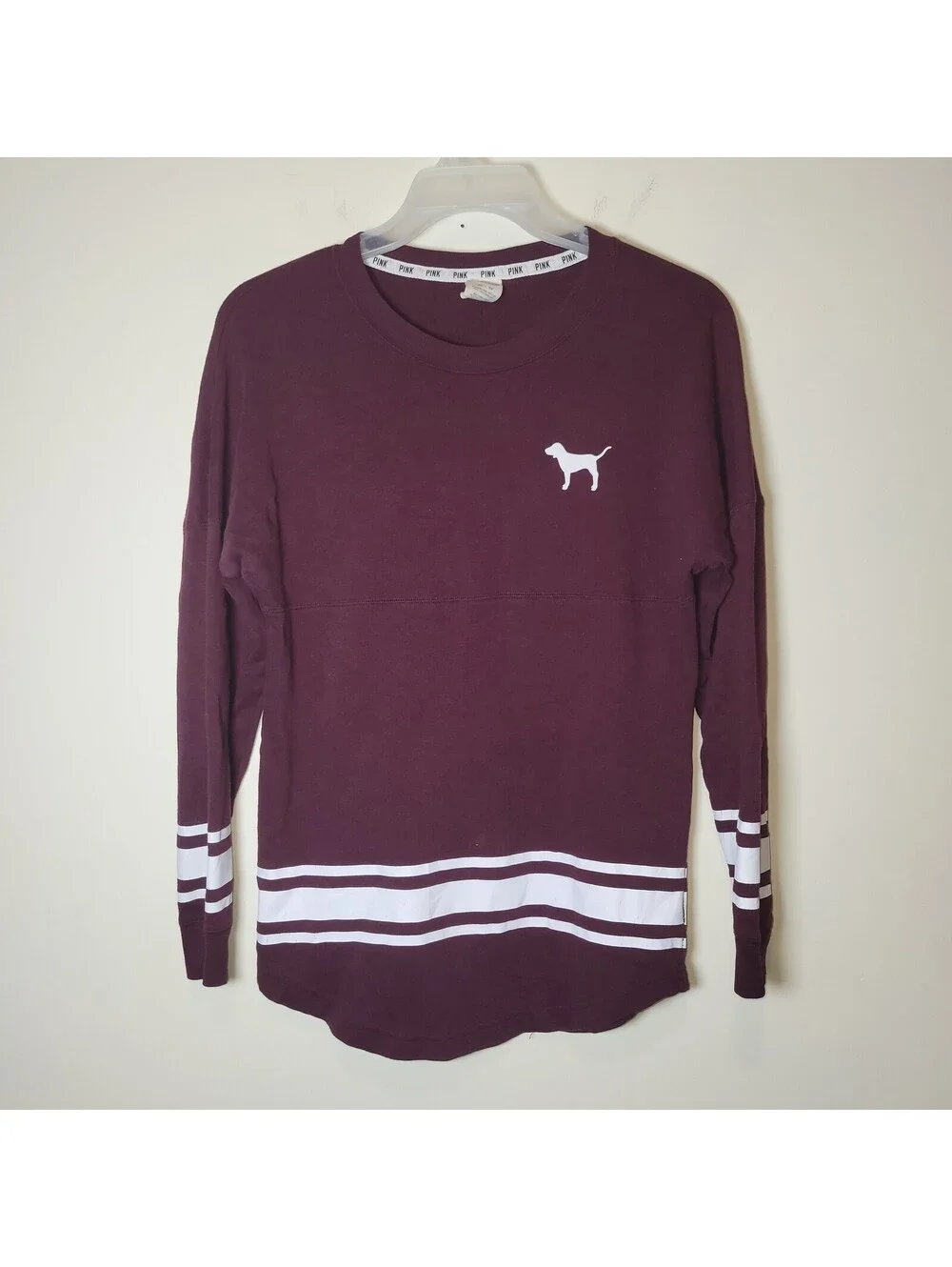 PINK Victoria's Secret Women's XS Maroon White Stripe Crew Neck Sweatshirt Top